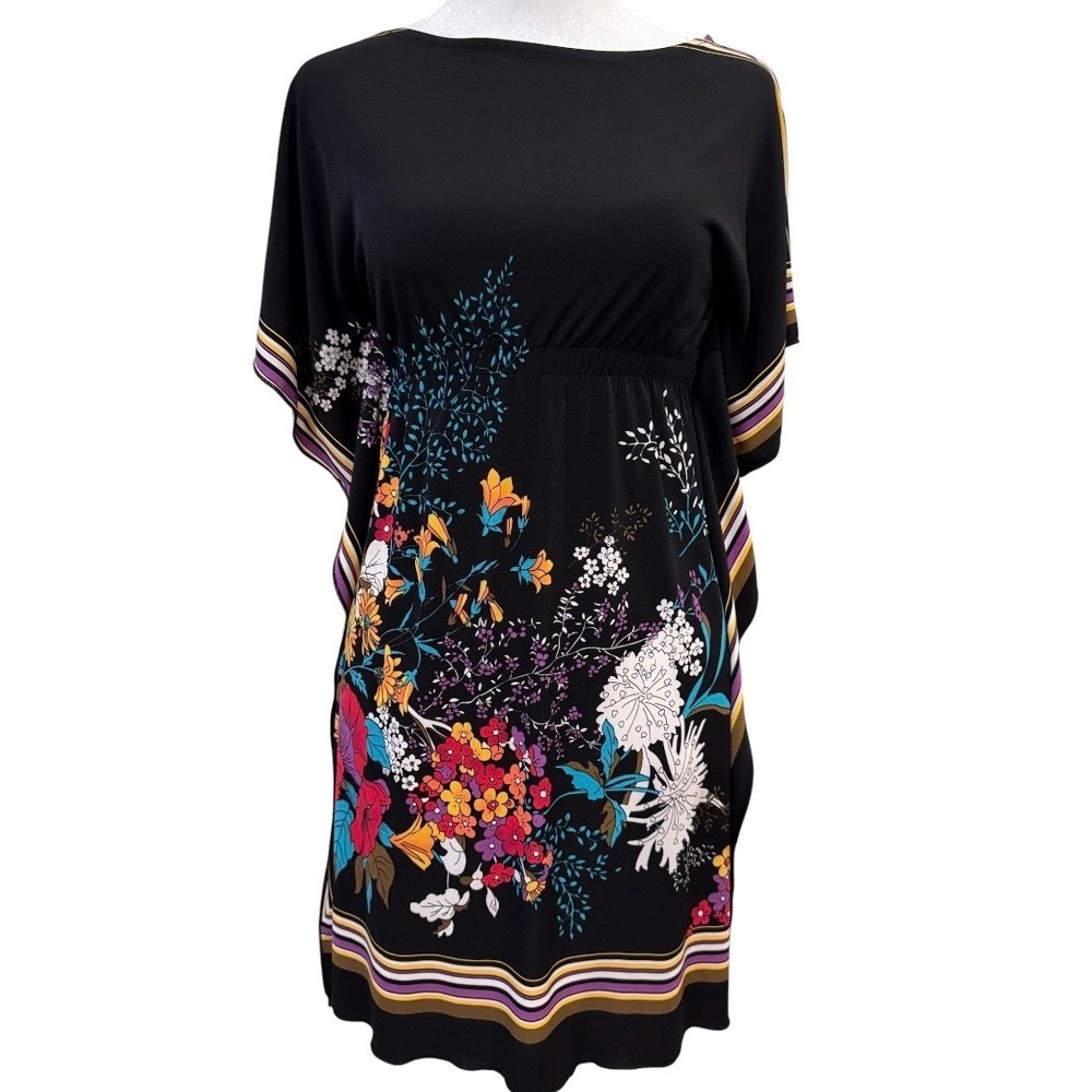 Veronicam Floral Kaftan Mini Dress Black Multi Color Butterfly Sleeve Medium